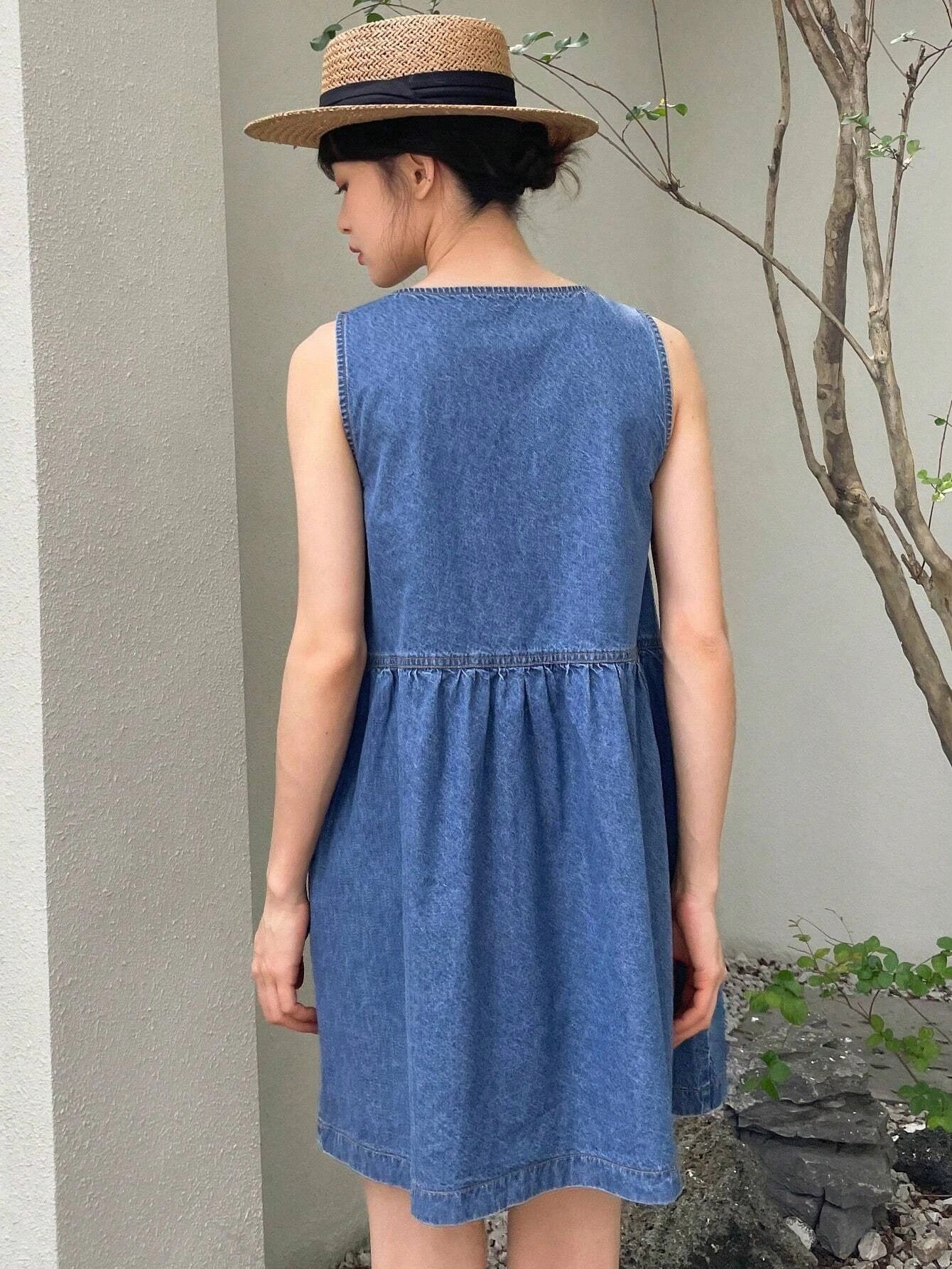 CM-DS941911 Women Preppy Seoul Style Medium Wash Button Front Denim Dress
