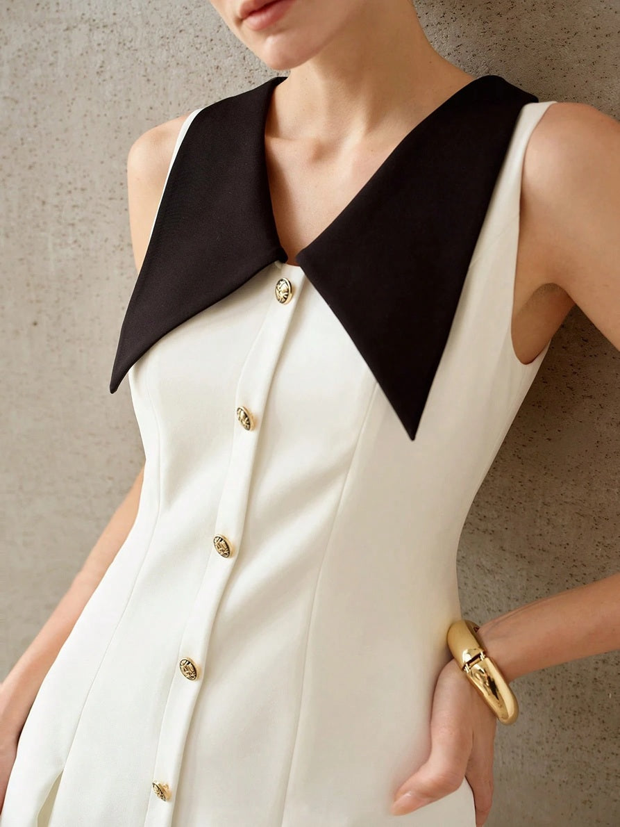 CM-DS554097 Women Elegant Seoul Style Colorblock Lapel Sleeveless Waist-Cinching Pleated Mini Dress