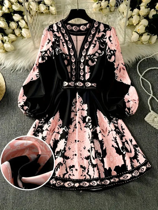CM-DT520402 Women Elegant Seoul Style V-Neck Sleeveless Geometric Print Belted Mini Dress - Black