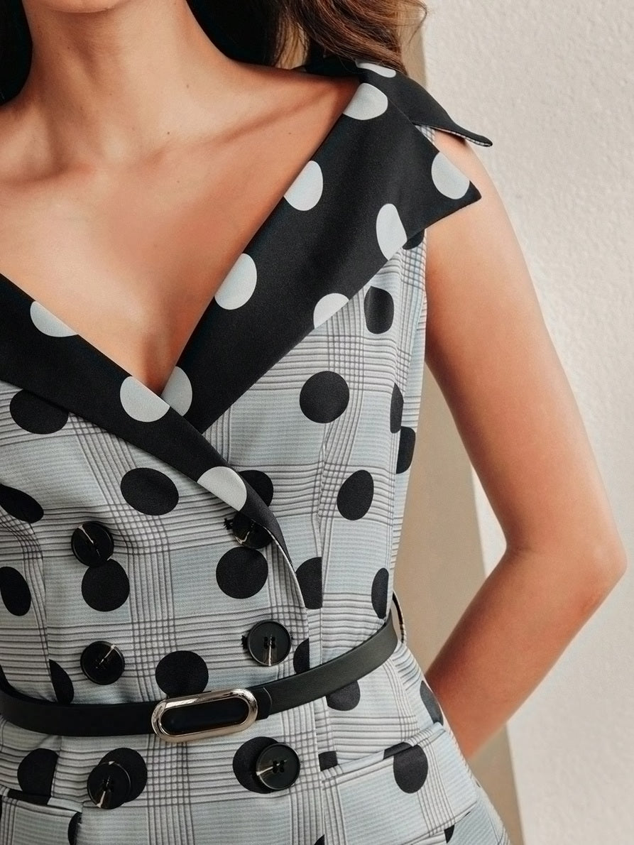 CM-SS819345 Women Elegant Seoul Style Contrast Color V-Neck Sleeveless Polka Dot Print Blouse With Long Skirt - Set
