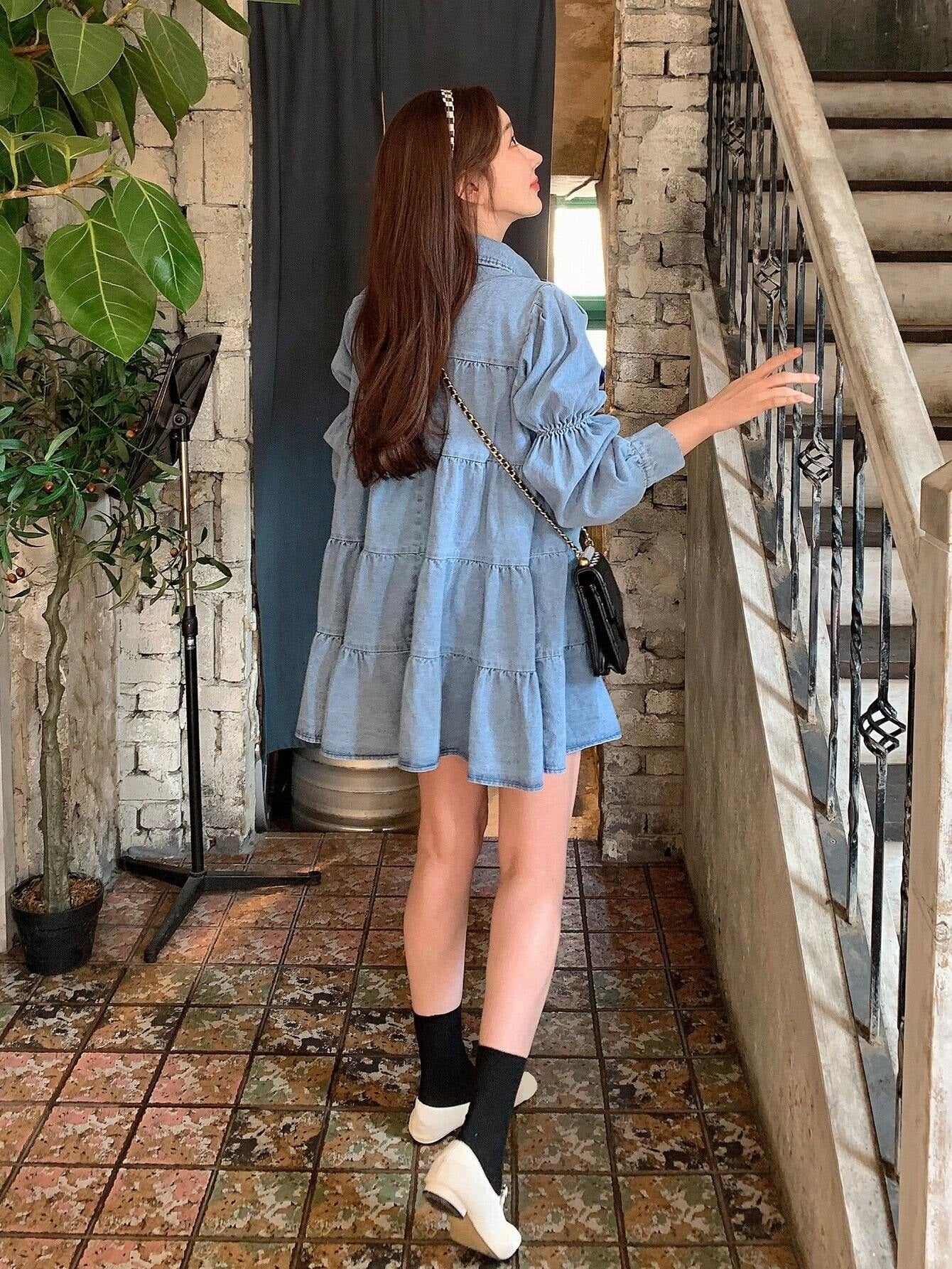 CM-DS025753 Women Preppy Seoul Style Solid Button Front Layered Hem Smock Denim Dress
