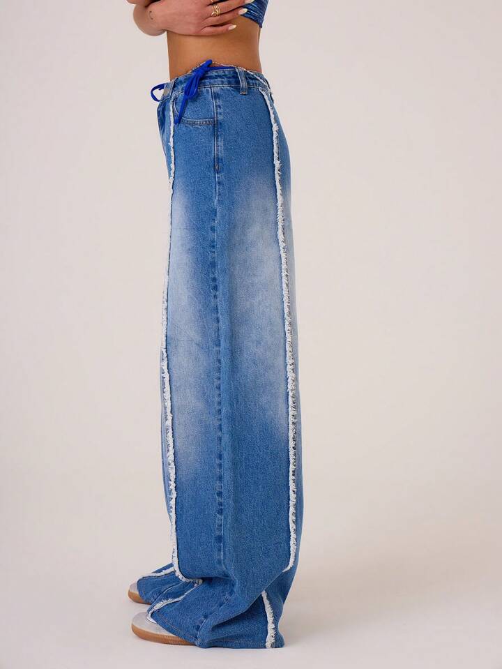 CM-BS622355 Women Casual Seoul Style Drop Waist Distressed Seam Wide Leg Jeans - Blue