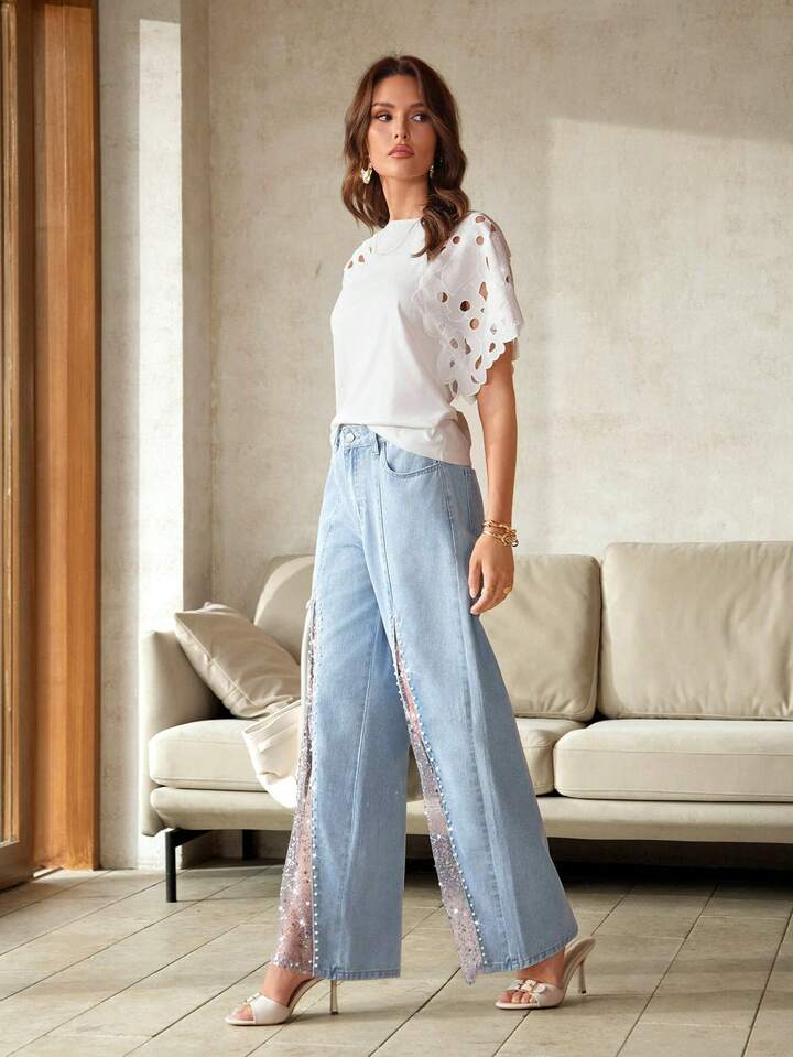 CM-BS260756 Women Casual Seoul Style Mid Waist Pearl Embellished Sequin Sheer Denim Jeans - Blue