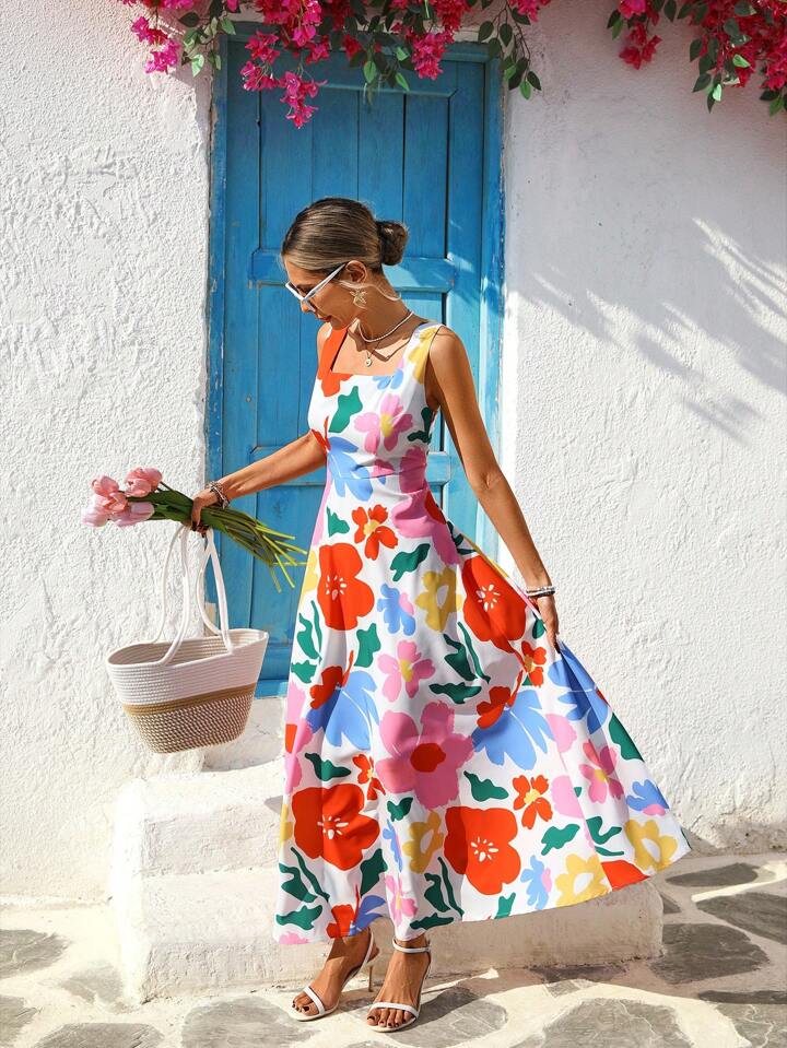 CM-DS611174 Women Trendy Bohemian Style Floral Print Square Neck Sleeveless High Waist Long Dress