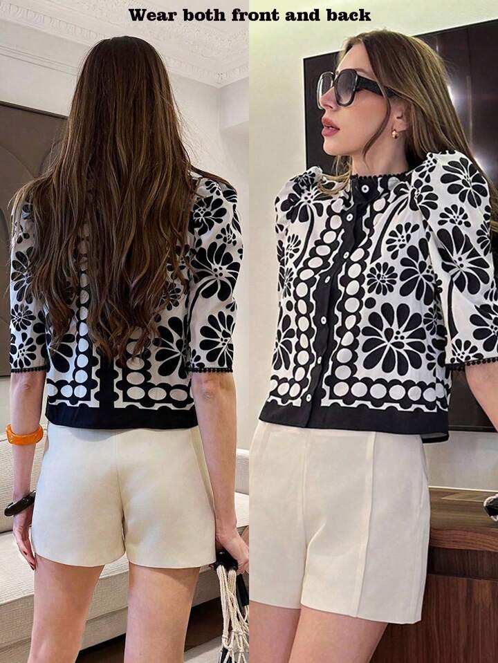 CM-TS270075 Women Casual Seoul Style Floral Print Lace-Hem Round Neck Puff Sleeve Shirt