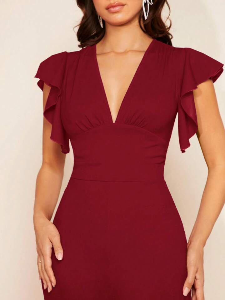 CM-JS151161 Women Elegant Seoul Style Plunging Neck Butterfly Sleeve Jumpsuit - Burgundy