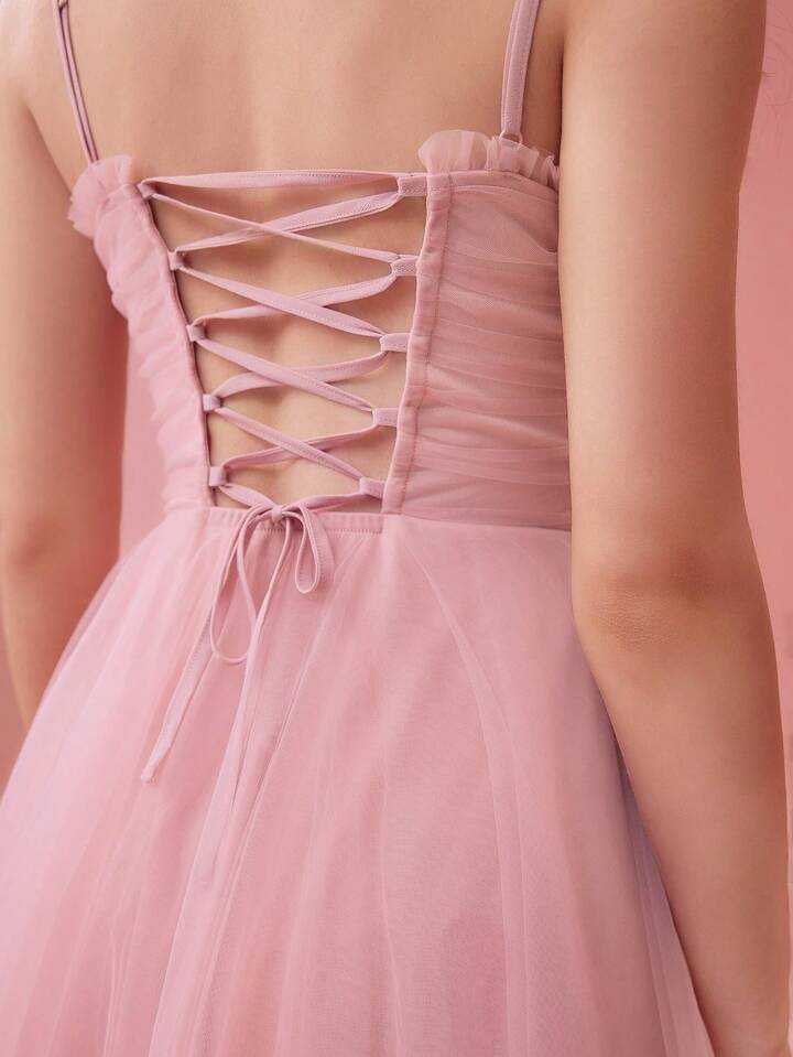 CM-DS288980 Women Elegant Seoul Style Ruffled Pleated Cross-Tied Mesh Mini Dress - Pink