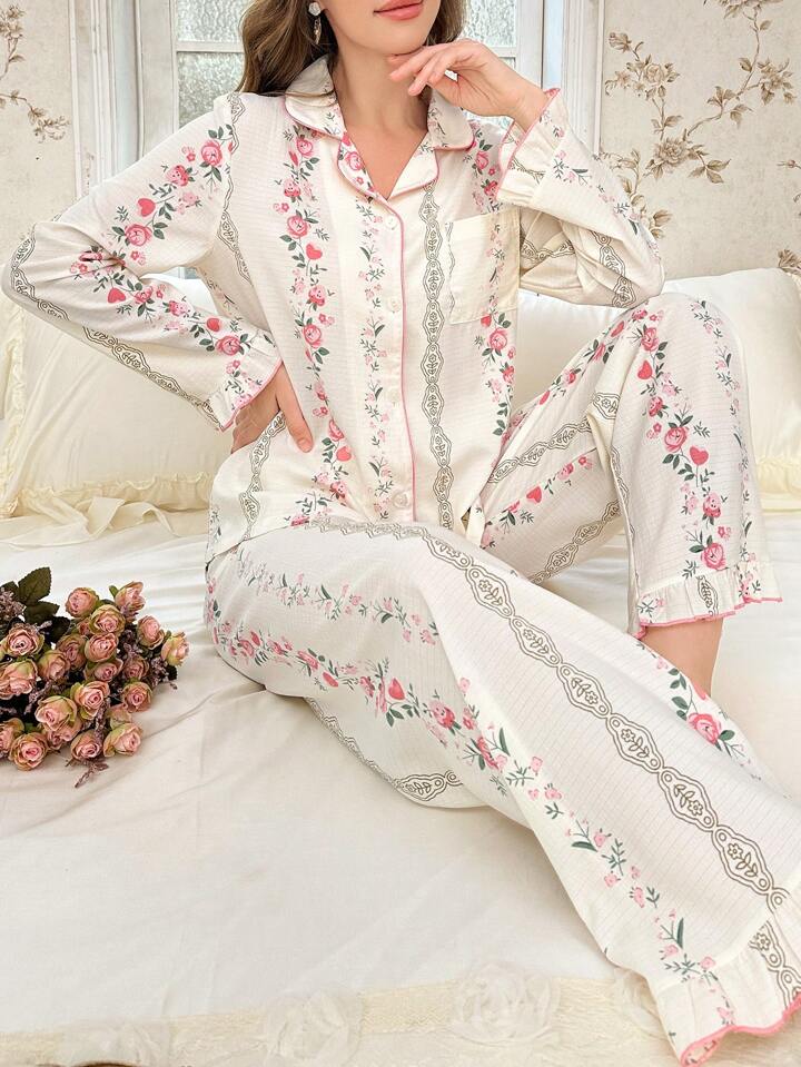 CM-LS126613 Women Trendy Seoul Style Ruffled Collar Open Front Bubble Texture Printed Pajama Set