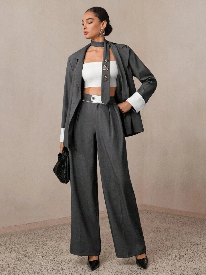 CM-BS433170 Women Casual Seoul Style Contrast Color Maxi Wide Leg Suit Pants - Dark Gray