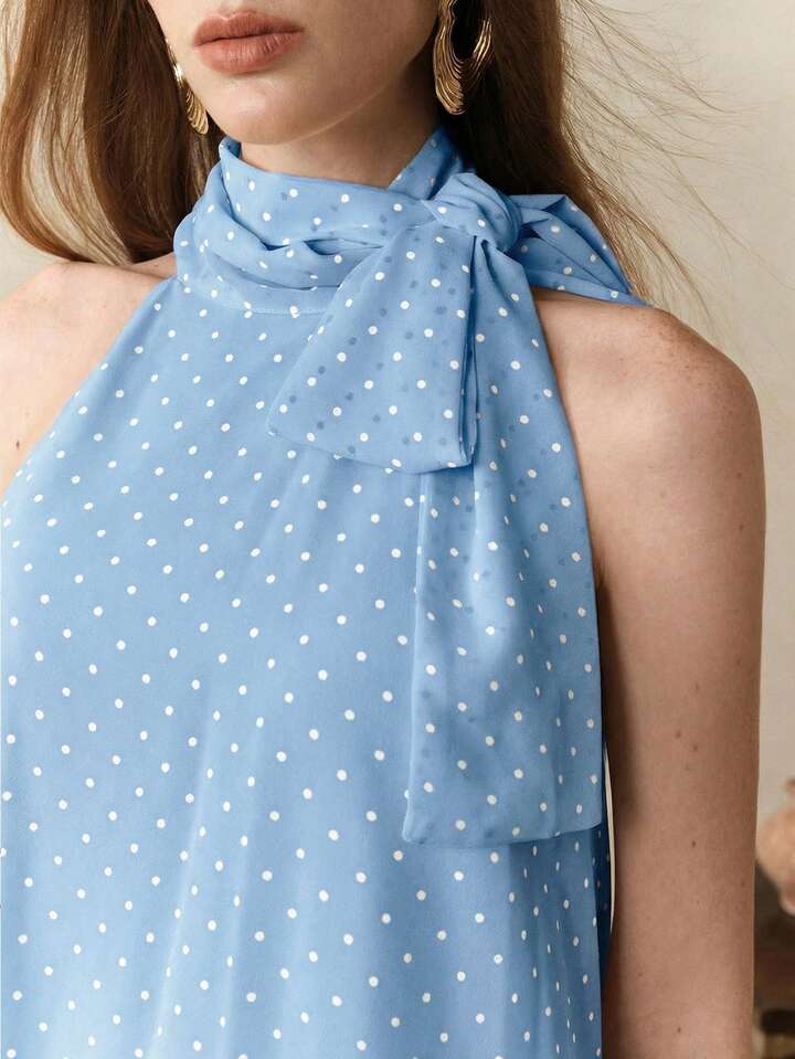 CM-SS109547 Women Trendy Bohemian Style Chiffon Polka Dot Print Sleeveless Halter Neck Top With Skirt - Set