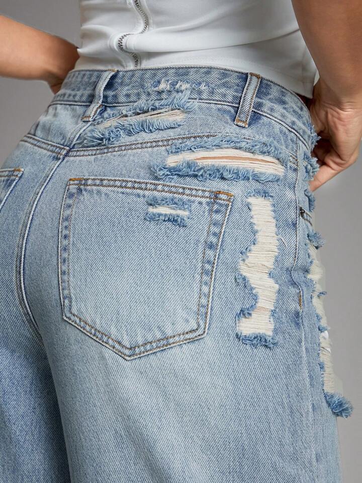 CM-BS623400 Women Casual Seoul Style Light Wash Shredded Wide Leg Denim Jeans