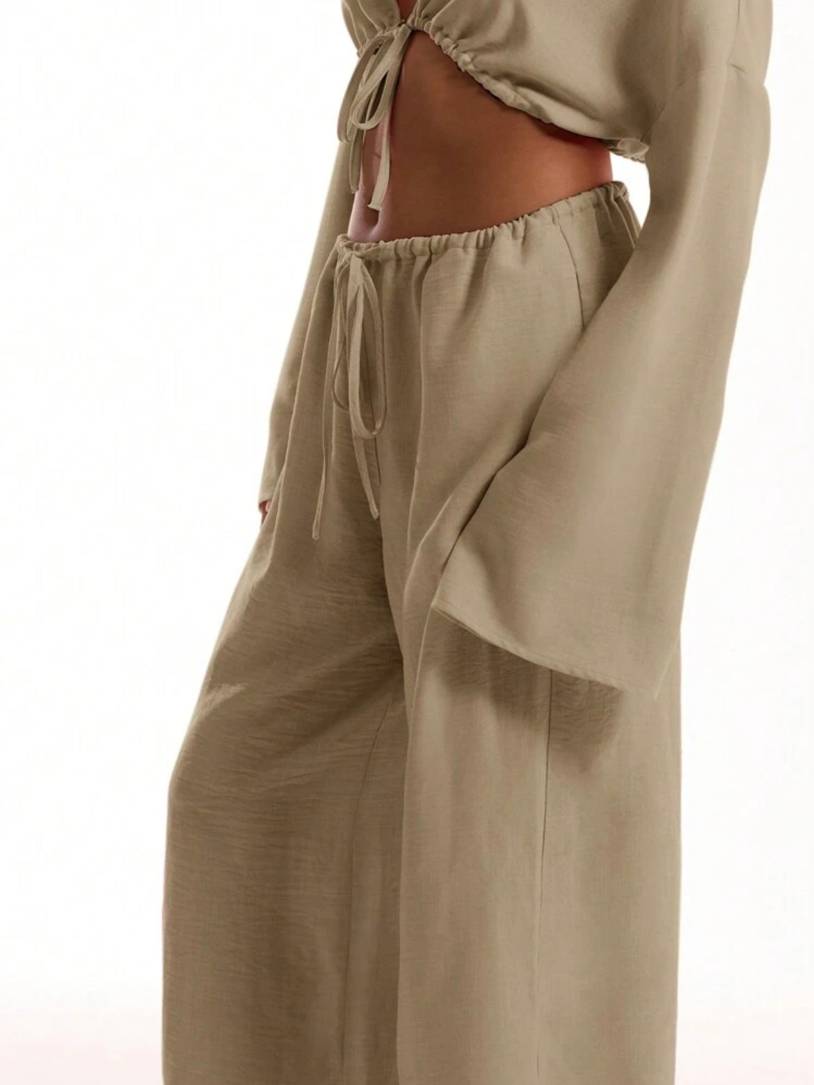 CM-BS695452 Women Trendy Bohemian Style Tie Front Linen Feel Beach Trouser - Beige
