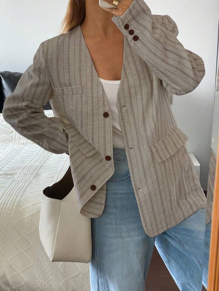 CM-CS450578 Women Casual Seoul Style V-Neck Long Sleeve Striped Loose Fit Linen Jacket - Gray