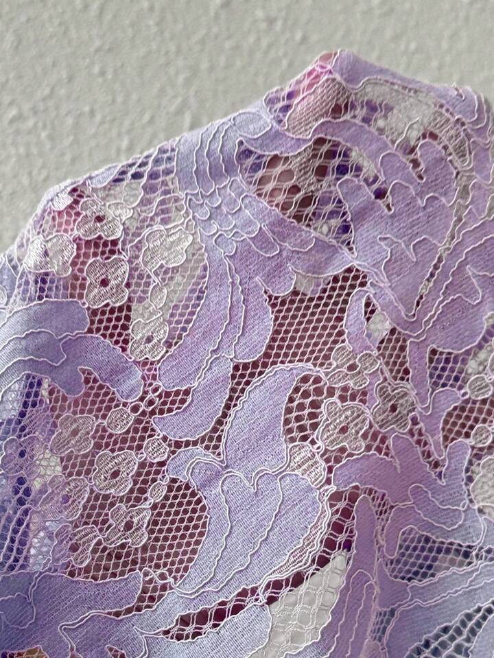 CM-TS558525 Women Trendy Bohemian Style Round Neck Lace Stitching Pleated Sleeves Shirt - Purple