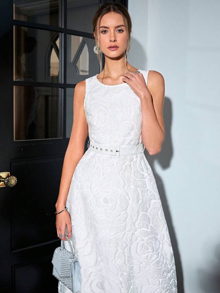CM-DS241047 Women Elegant Seoul Style Round Neck Floral Embellishments Sleeveless A-Line Dress