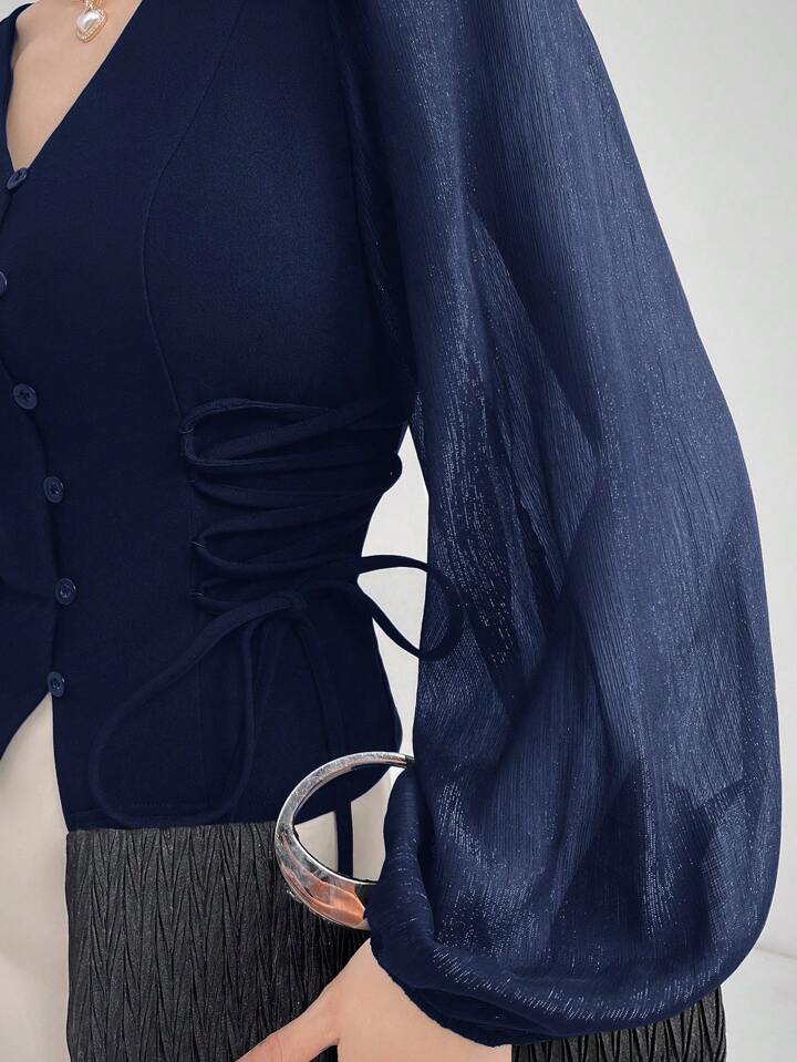 CM-TS858875 Women Elegant Seoul Style Sheer V-Neck Puff Lantern Sleeves Lace-Up Detail Blouse - Navy Blue