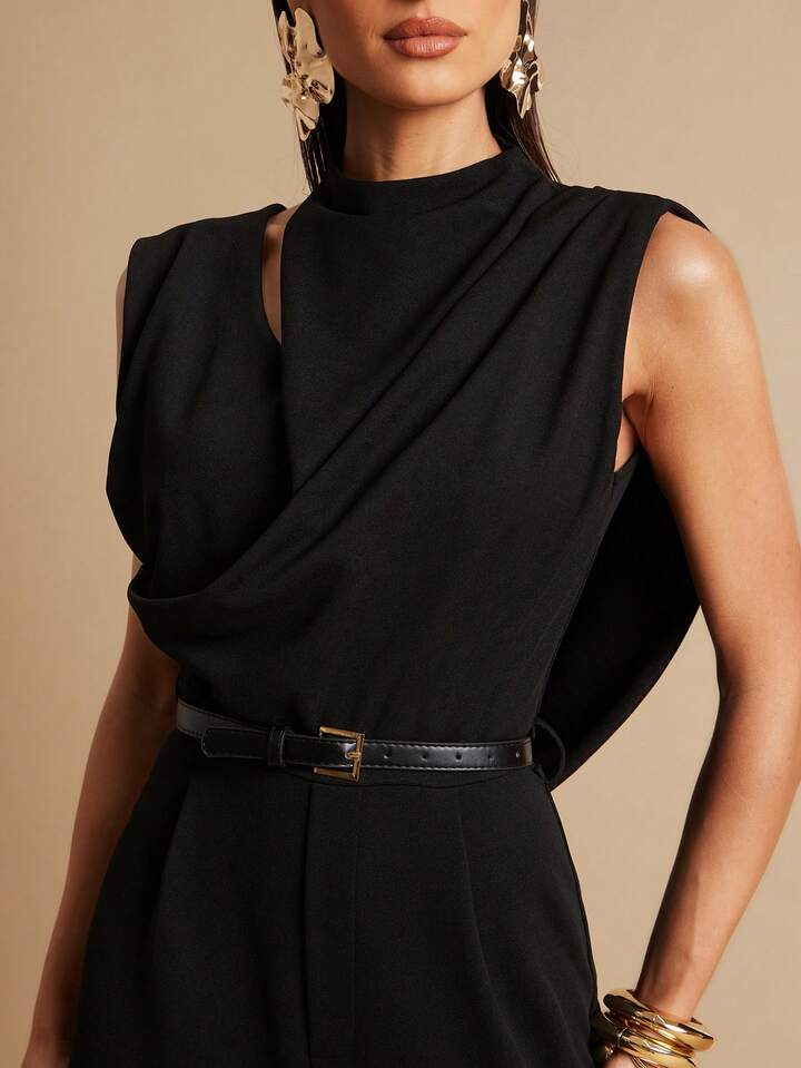 CM-JS394622 Women Elegant Seoul Style Stand Collar Sleeveless Pleated Backless Jumpsuit - Black