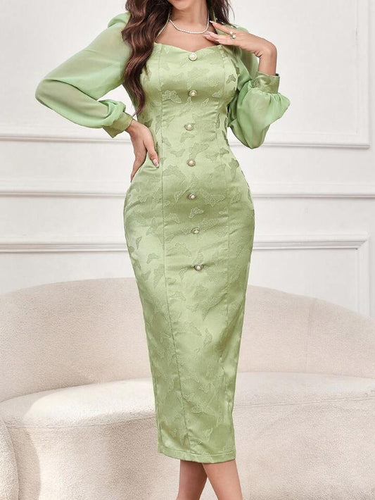 CM-DS137065 Women Elegant Seoul Style Sweetheart Neckline Butterfly Print Lantern Sleeve Dress - Green