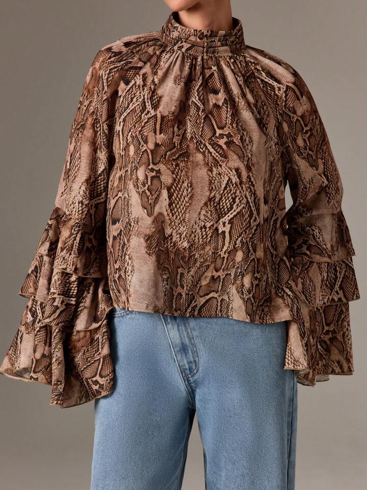 CM-TS424122 Women Elegant Seoul Style High Neck Print Extra Long Bell Sleeve Ruffle Layer Chiffon Blouse