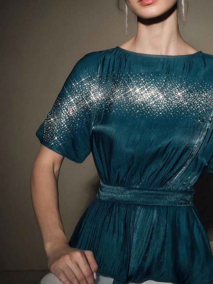 CM-TS022873 Women Elegant Seoul Style Round Neck Short Sleeve Rhinestone Gathered Waist Pullover Blouse - Cadet Blue