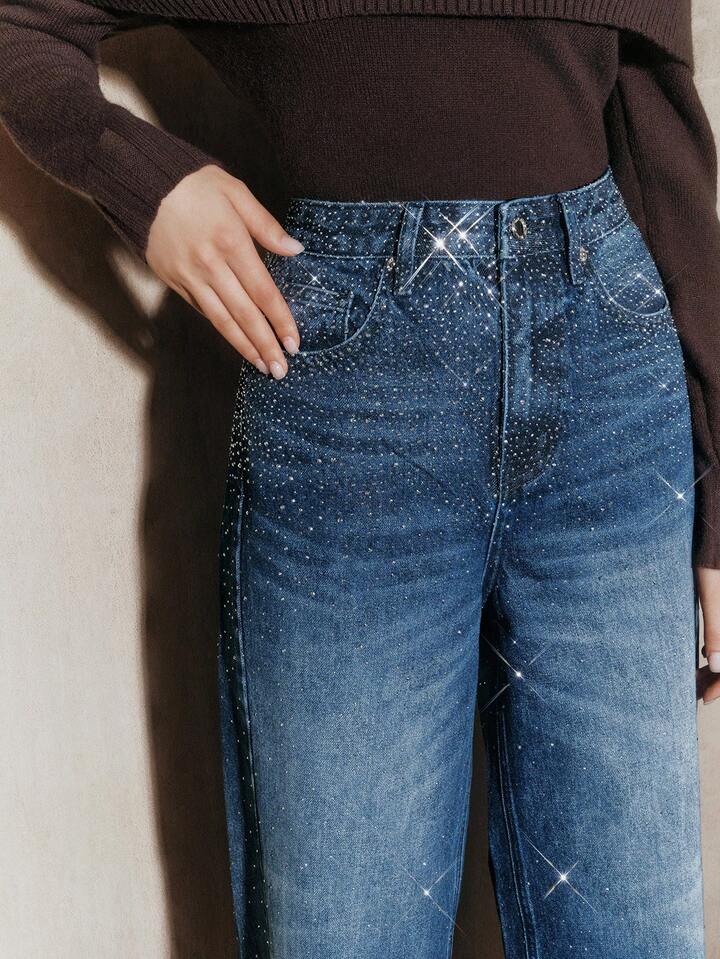CM-BS052931 Women Elegant Seoul Style Dark Wash Mid Waist Baggy Flared Leg Pants