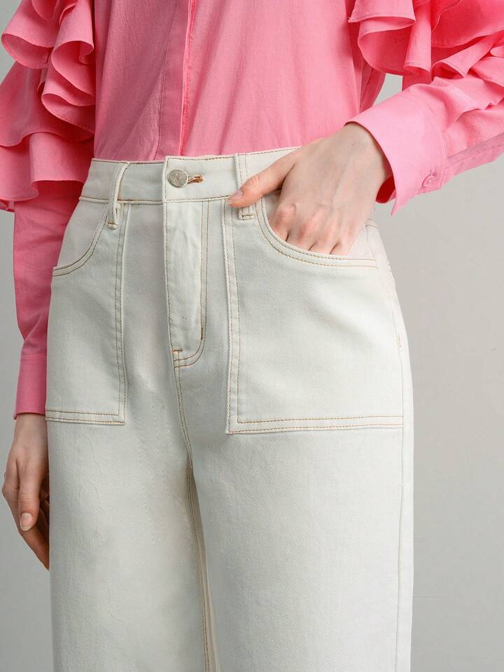 CM-BS422910 Women Casual Seoul Style Solid Slant Pocket Straight Leg Jeans - White