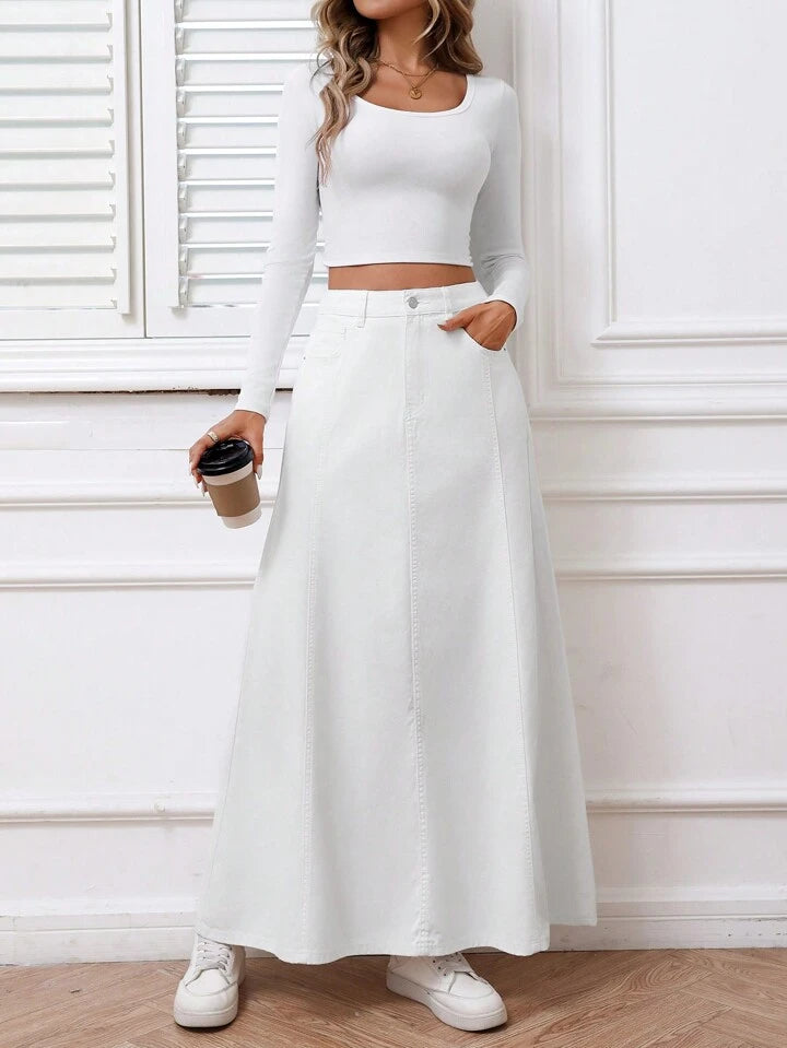 CM-BS098690 Women Casual Seoul Style Solid Color Front Button Pocket Denim Midi Skirt - White