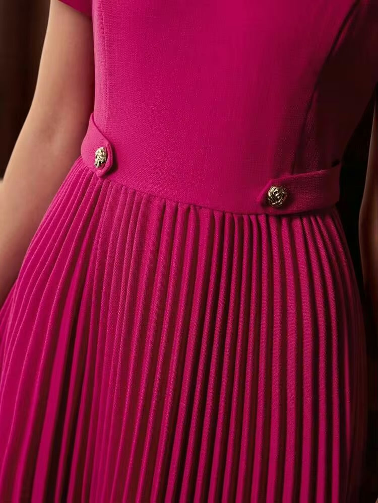 CM-DS609773 Women Elegant Seoul Style Round Neck Puff Sleeve Pleated Hem A-Line Mid-Length Dress - Hot Pink
