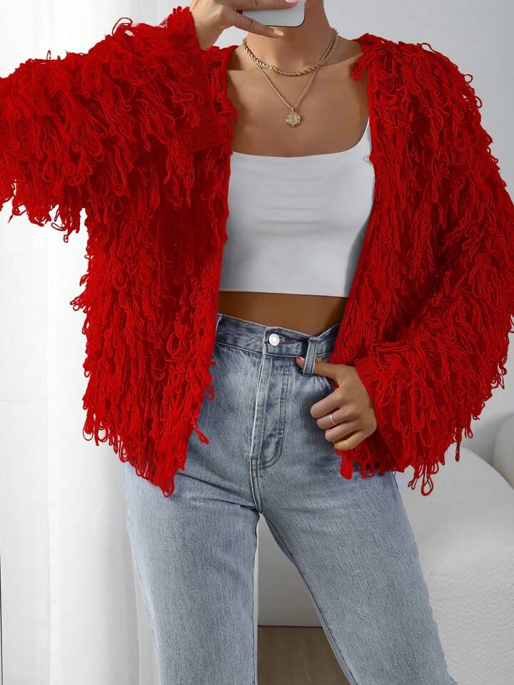 CM-CS196292 Women Casual Seoul Style Long Sleeve Shaggy Knit Duster Cardigan - Red