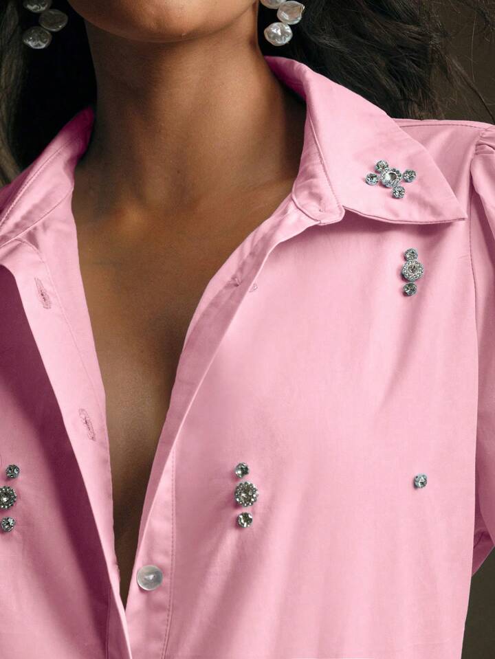 CM-TS514874 Women Elegant Seoul Style Long Sleeve Rhinestone Button Blouse - Pink