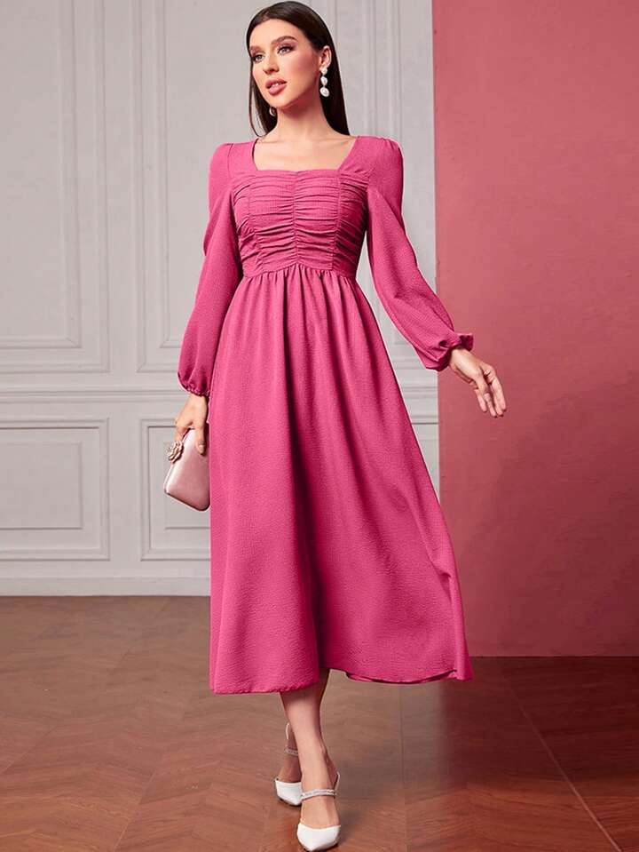 CM-DS108055 Women Casual Seoul Style Square-Neck Pleated Long-Sleeved Dress - Hot Pink