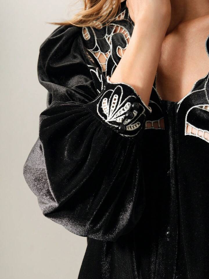 CM-TS192317 Women Elegant Seoul Style V-Neck Lantern Sleeve Velvet Hollow Embroidery Belted Blouse - Black