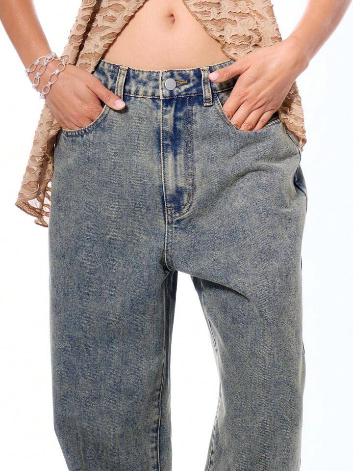 CM-BS968497 Women Casual Seoul Style Straight Leg Washed Loose Denim Trousers