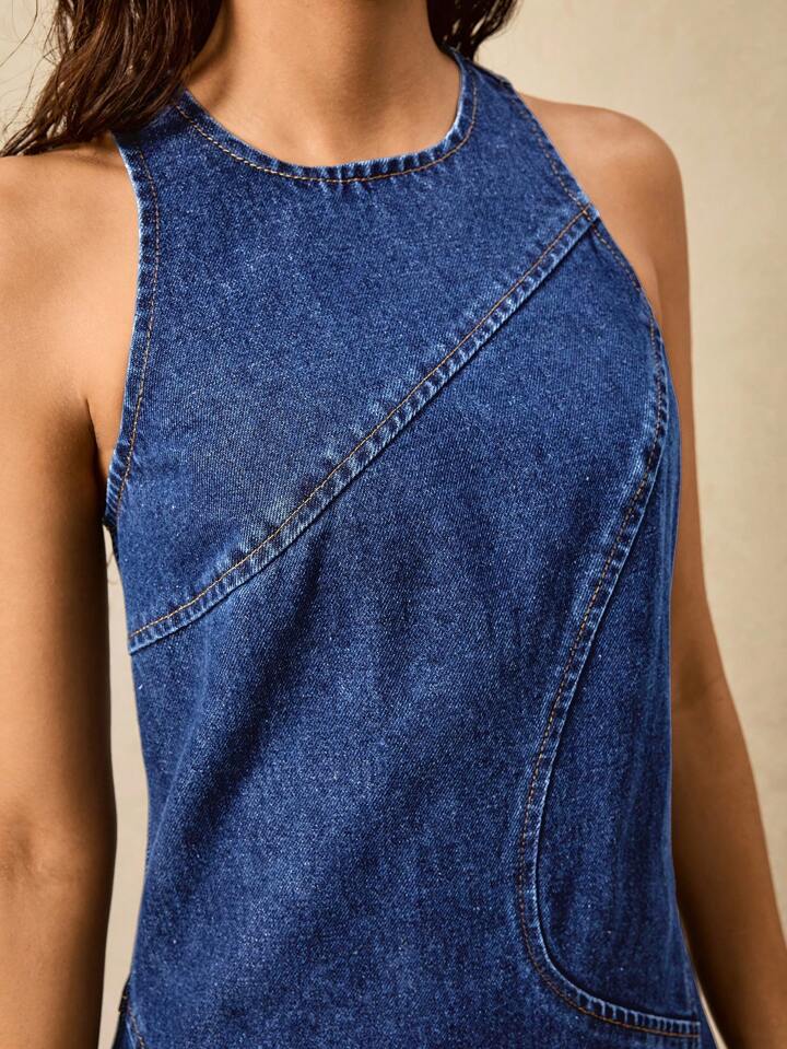 CM-DS674256 Women Casual Seoul Style Round Neck Sleeveless Mid Waist Split Loose Denim Dress - Blue