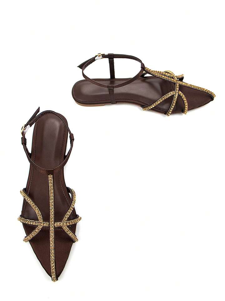 CM-SHS491459 Women Trendy Seoul Style Thin Strap Rhinestone Hollow Out Decor Satin Pointed Toe Ankle Strap Flats