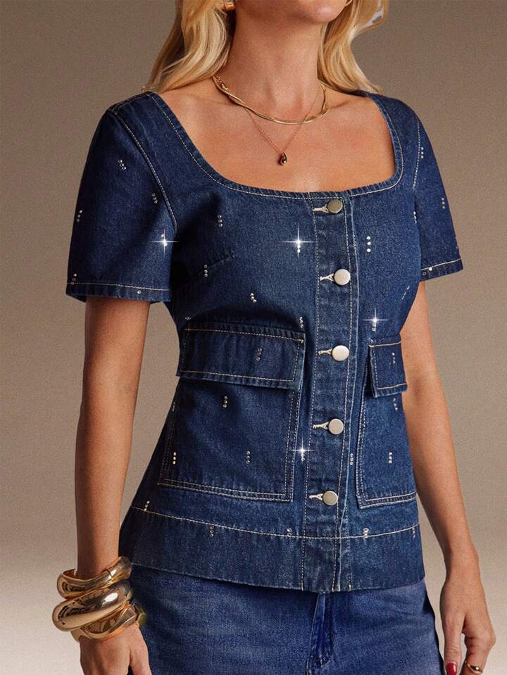 CM-TS718151 Women Casual Seoul Style Collar Neckline Puff Sleeve Single Breasted Denim Top - Blue