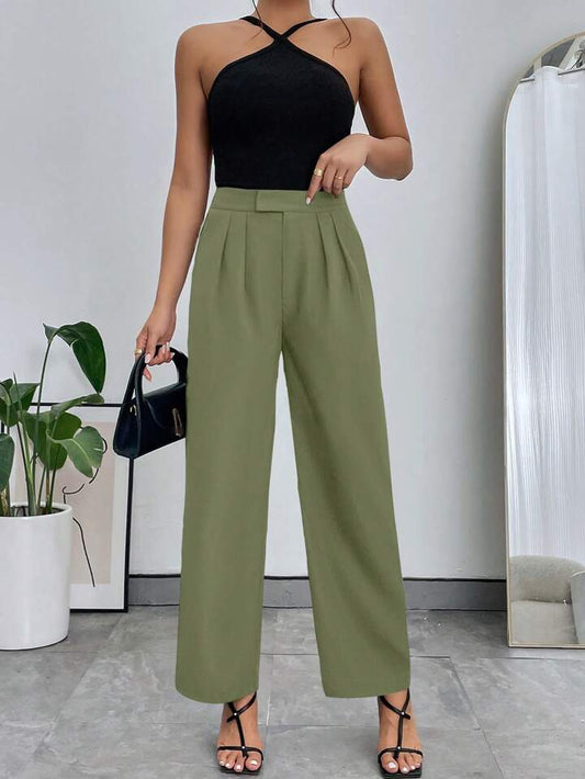 CM-BS200078 Women Casual Seoul Style Solid Fold Pleated Straight Leg Pants - Olive Green