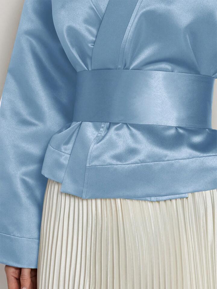 CM-TS888050 Women Elegant Seoul Style Solid Color V-Neck Wrap Flared Sleeve Blouse - Baby Blue