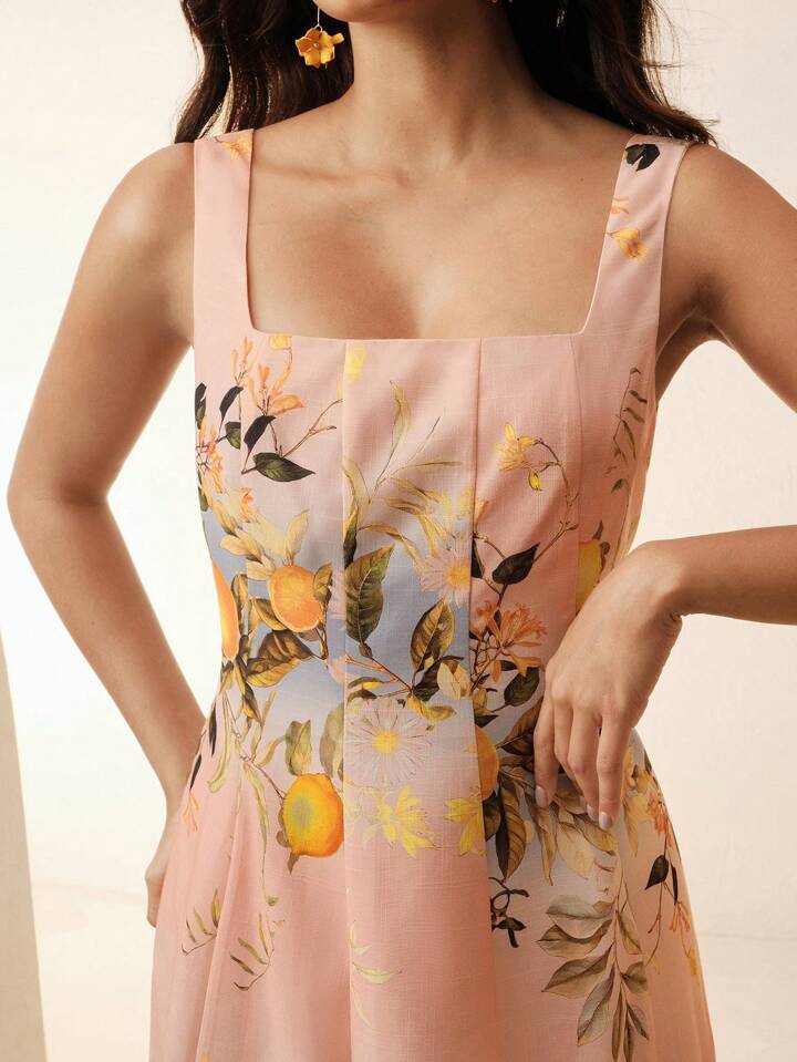CM-DS571404 Women Trendy Bohemian Style Lemon Print Square Neck Sleeveless Mid Waist Maxi Dress