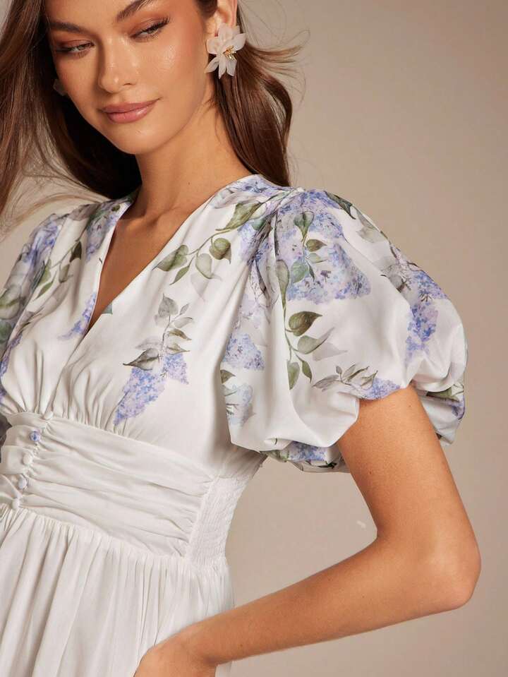 CM-DS779200 Women Elegant Seoul Style Tropical Lavander Print V-Neck Puff Sleeve Waist Cinched Maxi Dress