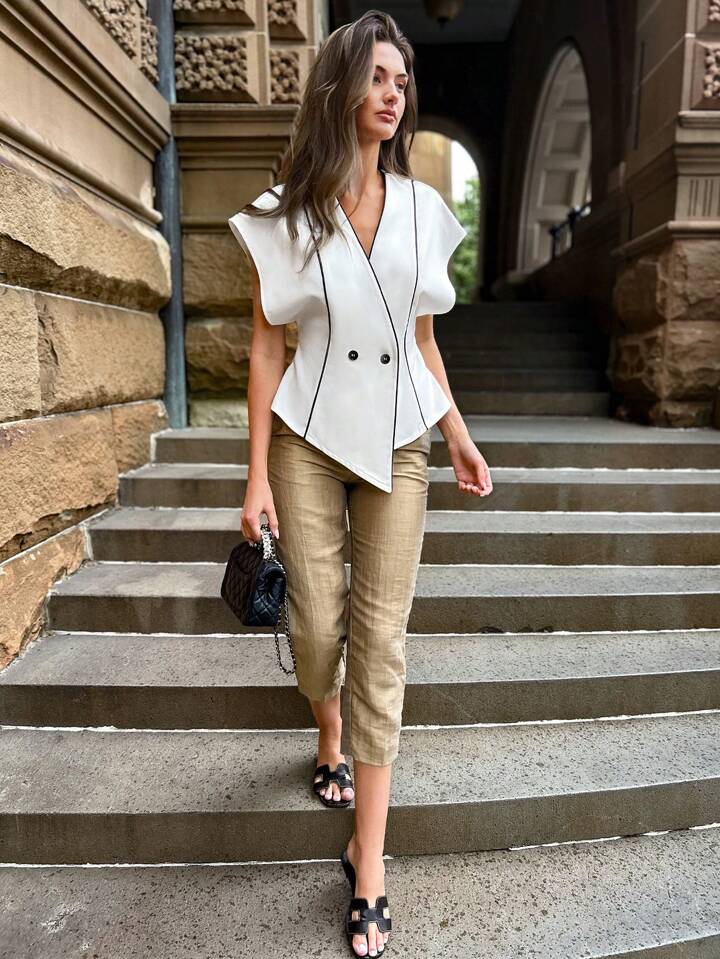 CM-TS717528 Women Casual Seoul Style V-Neck Batwing Sleeve Asymmetrical Double Button Blouse - White