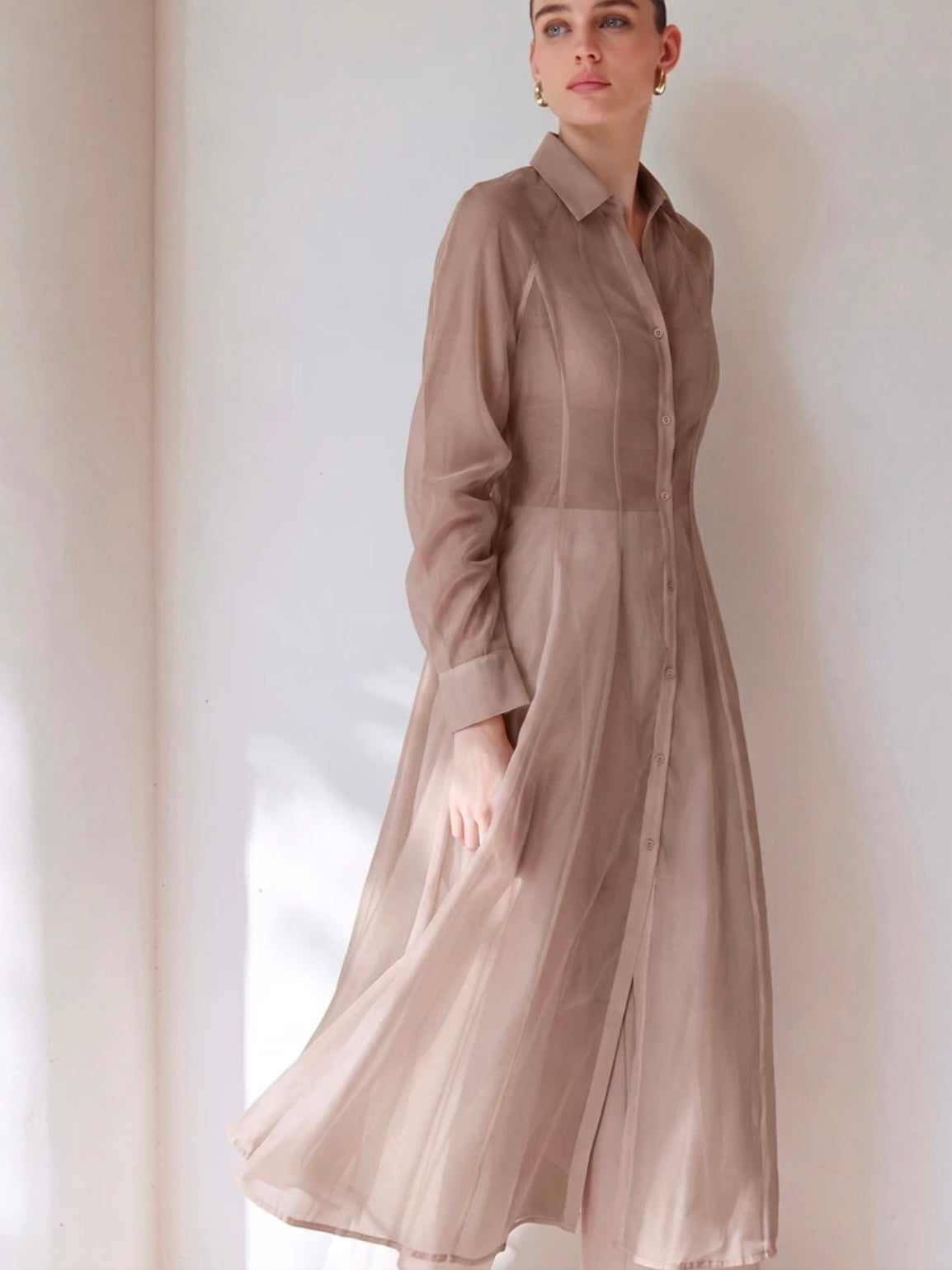 CM-TS813513 Women Casual Seoul Style Translucent Textured V-Neck Long Sleeve Gathered Waist Shirtdress