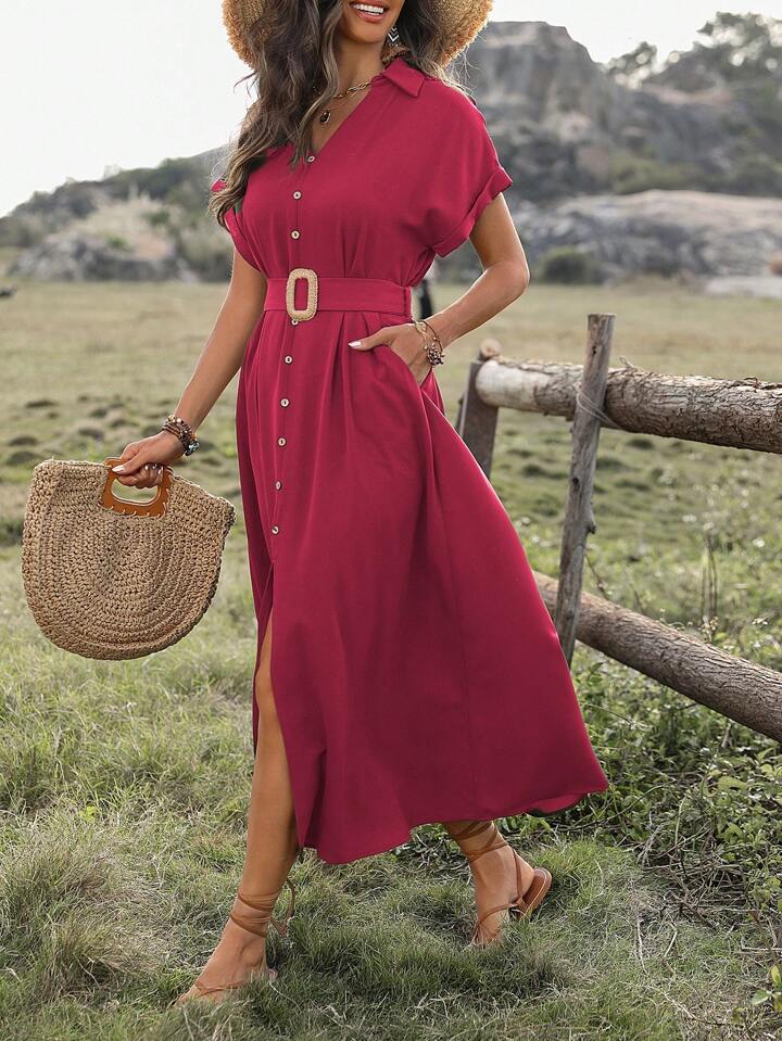 CM-DS880032 Women Trendy Bohemian Style Collar Neckline Batwing Sleeve Dress - Burgundy