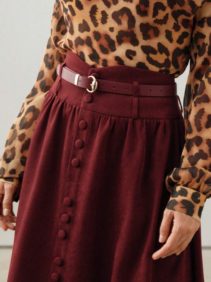 CM-BS566170 Women Elegant Seoul Style Suede Belted A-Line High Waist Maxi Skirt - Burgundy