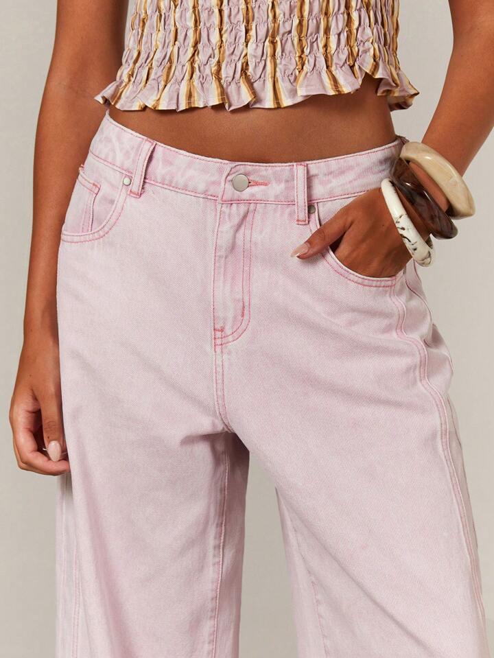 CM-BS023394 Women Casual Seoul Style Mid Waist Extra Long Loose Straight Leg Jeans - Pink