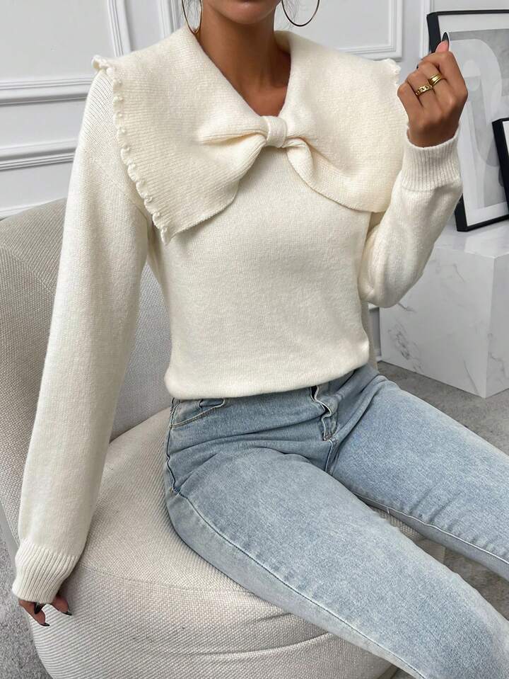 CM-CS575335 Women Casual Seoul Style Statement Collar Bow Front Long Sleeve Sweater - Apricot