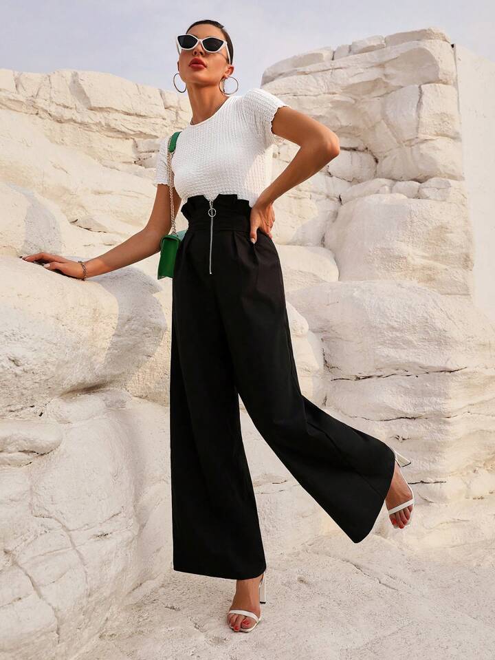 CM-BS012207 Women Casual Seoul Style Ultra High Waist Zipper Wide Leg Pants - Black