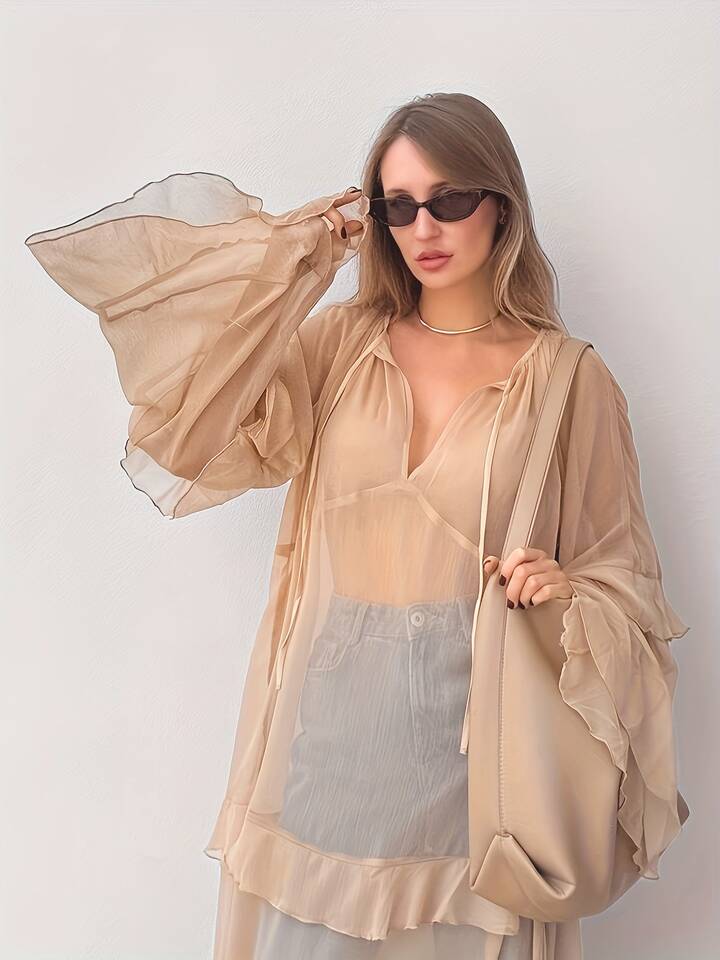 CM-TS335331 Women Casual Seoul Style Deep V-Neck Front Tie Ruffle Trim Solid Color Long Shirt - Khaki
