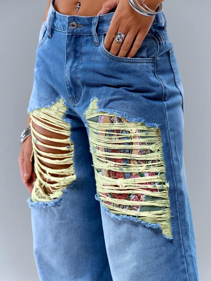 CM-BS471316 Women Casual Seoul Style Ultra Low Waist Printed Frayed Detail Jean - Blue