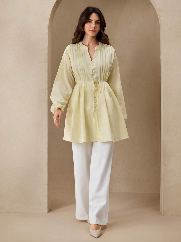 CM-TS894862 Women Elegant Seoul Style V-Neck Ruched Tie Front Long Sleeve Shirt - Pale Yellow